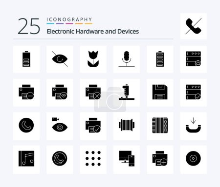 Téléchargez les illustrations : Devices 25 Solid Glyph icon pack including battery. microphone. camera. mic. audio - en licence libre de droit
