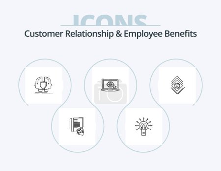 Téléchargez les illustrations : Customer Relationship And Employee Benefits Line Icon Pack 5 Icon Design. gear. lcd. health. monitor. hospital - en licence libre de droit