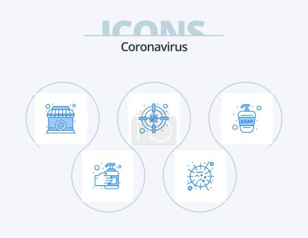 Téléchargez les illustrations : Coronavirus Blue Icon Pack 5 Icon Design. liquid soap. virus. closed. disease. target - en licence libre de droit