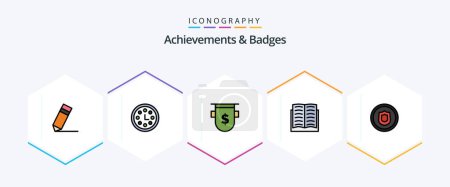 Téléchargez les illustrations : Achievements and Badges 25 FilledLine icon pack including award. education. badges. book. finance - en licence libre de droit