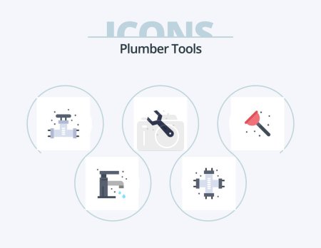 Ilustración de Plumber Flat Icon Pack 5 Icon Design. wrench. plumbing. system. adjustable. system - Imagen libre de derechos