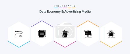 Illustration for Data Economy And Advertising Media 25 Glyph icon pack including advertising. ad. document. brand marketing. coffee - Royalty Free Image