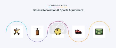Téléchargez les illustrations : Fitness Recreation And Sports Equipment Line Filled Flat 5 Icon Pack Including field. skates. ball. skate. boot - en licence libre de droit