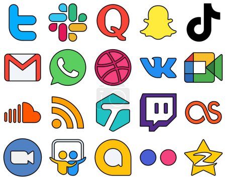 Illustration for 20 Eye-catching Line Filled Social Media Icons such as google meet. dribbble. video. whatsapp and email Professional and high-resolution - Royalty Free Image