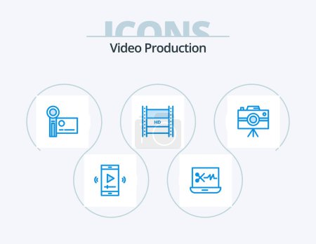 Illustration for Video Production Blue Icon Pack 5 Icon Design. hd streaming. hd film. digital video broadcasting. recording - Royalty Free Image