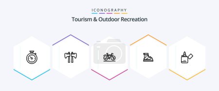 Illustration for Tourism And Outdoor Recreation 25 Line icon pack including fire. track. bicycle. hiking. boots - Royalty Free Image