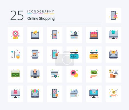Téléchargez les illustrations : Online Shopping 25 Flat Color icon pack including shop. secure. cart. payment. online - en licence libre de droit