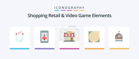Téléchargez les illustrations : Shoping Retail And Video Game Elements Flat 5 Icon Pack Including pattern. labyrinth. shop. map. market. Creative Icons Design - en licence libre de droit