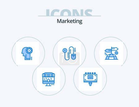 Illustration for Marketing Blue Icon Pack 5 Icon Design. marketing. direction. cogwheel. advertising. dollar - Royalty Free Image