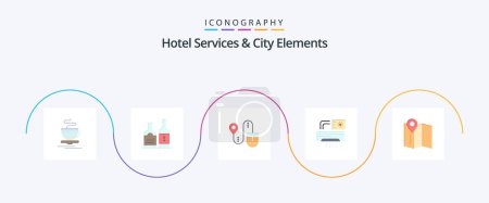 Téléchargez les illustrations : Hotel Services And City Elements Flat 5 Icon Pack Including map. room. mouse. ac . air - en licence libre de droit