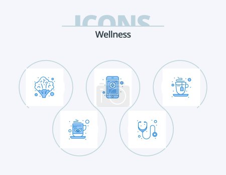 Téléchargez les illustrations : Wellness Blue Icon Pack 5 Icon Design. hot. rx. broccoli. phone. medical - en licence libre de droit