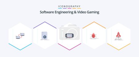 Illustration for Software Engineering And Video Gaming 25 Flat icon pack including insect. bug. running. psp. game - Royalty Free Image