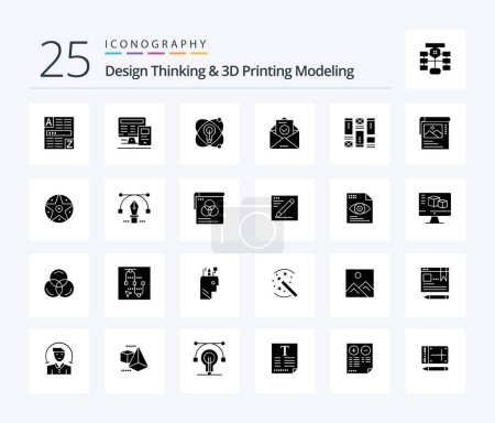 Ilustración de Design Thinking And D Printing Modeling 25 Solid Glyph icon pack including sketching. education. atom. envelope. mail - Imagen libre de derechos