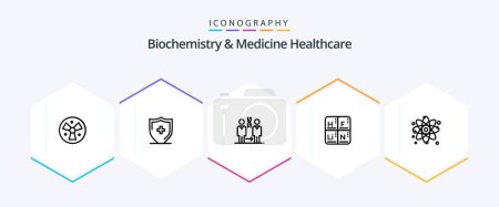 Illustration for Biochemistry And Medicine Healthcare 25 Line icon pack including atom. elements. dna. table. health - Royalty Free Image