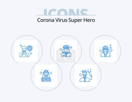 Illustration for Corona Virus Super Hero Blue Icon Pack 5 Icon Design. doctor. officer. protection. police. shield - Royalty Free Image