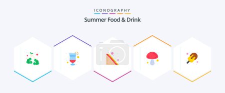 Téléchargez les illustrations : Summer Food and Drink 25 Flat icon pack including summer. vegetable. summer. mushroom. cooking - en licence libre de droit