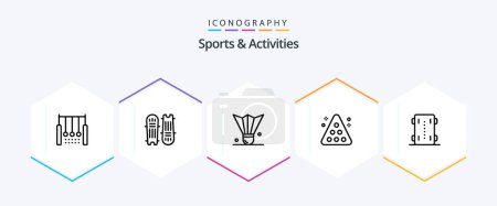 Illustration for Sports and Activities 25 Line icon pack including rack. billiards. cricket equipment. sports equipment. feather shuttlecock - Royalty Free Image