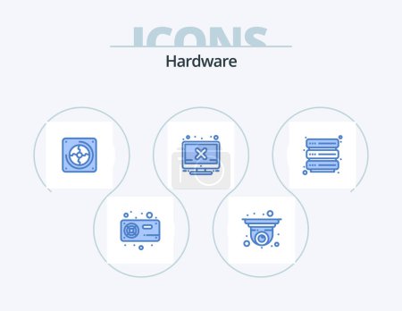 Illustration for Hardware Blue Icon Pack 5 Icon Design. hosting. screen. security camera. hardware. fan - Royalty Free Image