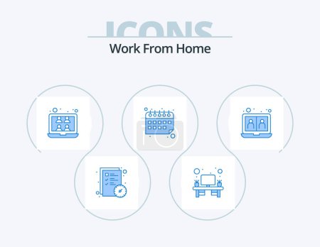 Illustration for Work From Home Blue Icon Pack 5 Icon Design. communication. work. conference. time. calendar - Royalty Free Image