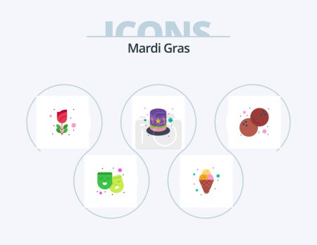 Illustration for Mardi Gras Flat Icon Pack 5 Icon Design. fruits. coconut. flower. hat. carnival - Royalty Free Image