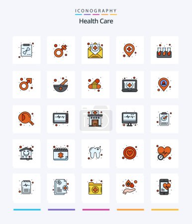 Téléchargez les illustrations : Creative Health Care 25 Line Pack icône telle que le laboratoire. . hôpital. emplacement. ambulance - en licence libre de droit