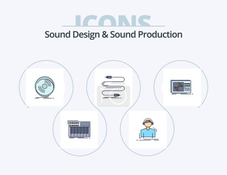 Téléchargez les illustrations : Sound Design And Sound Production Line Filled Icon Pack 5 Icon Design. lamp. amplifier. sound. music. listen - en licence libre de droit