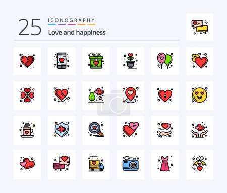 Téléchargez les illustrations : Love 25 Line Filled icon pack including balloon. romance. mobile. plant. lifestyle - en licence libre de droit