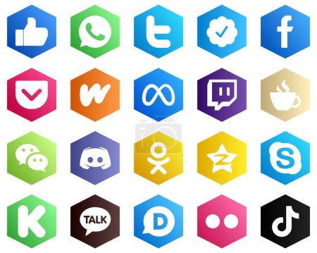Illustration for 25 Minimalistic White Icons such as caffeine. twitch and meta icons. Hexagon Flat Color Backgrounds - Royalty Free Image