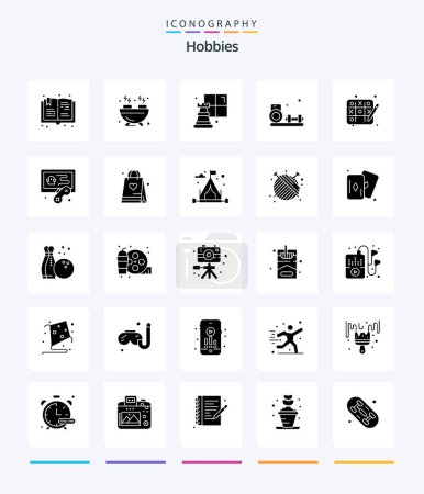 Téléchargez les illustrations : Creative Hobbies 25 Glyph Solid Black icon pack  Such As hobbies. hobbies. game. tic tac toe. fitness - en licence libre de droit