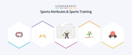 Téléchargez les illustrations : Sports Atributes And Sports Training 25 Flat icon pack including healthcare. stretching. gym. performing. athlete - en licence libre de droit