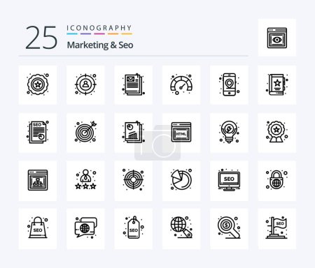Illustration for Marketing And Seo 25 Line icon pack including book. mobile. email. location. speed - Royalty Free Image