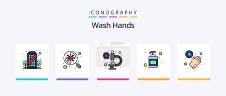 Téléchargez les illustrations : Wash Hands Line Filled 5 Icon Pack Including bacteria. virus. basin. covid. bacteria. Creative Icons Design - en licence libre de droit