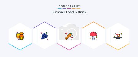 Téléchargez les illustrations : Aliments et boissons d'été 25 FilledLine icône pack y compris les fruits de mer. Légumes. carotte. champignon. cuisson - en licence libre de droit