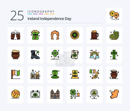 Téléchargez les illustrations : Ireland Independence Day 25 Line Filled icon pack including circle. flower. hat. patricks. horseshoe - en licence libre de droit