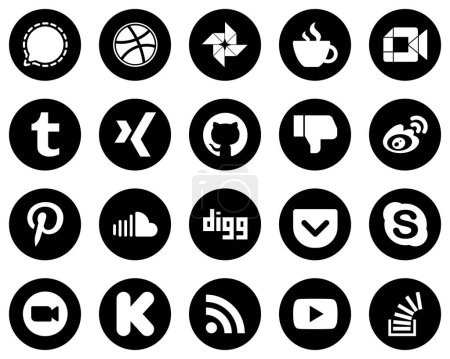 Téléchargez les illustrations : 20 Clean White Social Media Icons on Black Background such as sina. facebook. google meet. dislike and xing icons. Versatile and high-quality - en licence libre de droit