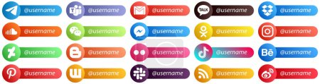Ilustración de Card Style Follow Me Social Media Platform Icon Set 20 icons such as fb. messenger. kakao talk. messenger and music icons. Versatile and professional - Imagen libre de derechos