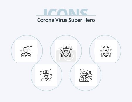 Illustration for Corona Virus Super Hero Line Icon Pack 5 Icon Design. female. health care. girl. nurse. doctor - Royalty Free Image