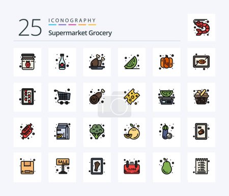 Téléchargez les illustrations : Grocery 25 Line Filled icon pack including vegetable. food. chicken. watermelon. food - en licence libre de droit