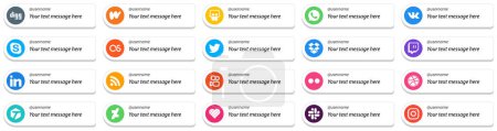 Ilustración de Card Style Social Media Platform Follow Me Icons with Custom Message Option 20 pack such as kuaishou. rss. lastfm. professional and twitch icons. Fully editable and unique - Imagen libre de derechos