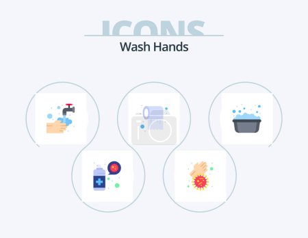 Illustration for Wash Hands Flat Icon Pack 5 Icon Design. basin. tissue. hands. roll. bubble - Royalty Free Image