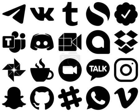 Illustration for 20 Fully Editable Black Glyph Social Media Icons such as dropbox and video icons. High-resolution and editable - Royalty Free Image