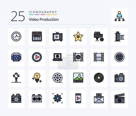 Ilustración de Video Production 25 Line Filled icon pack including video. media. film. film. star - Imagen libre de derechos