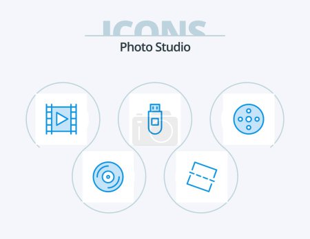 Illustration for Photo Studio Blue Icon Pack 5 Icon Design. storage. footage. multimedia. camera reel. storage - Royalty Free Image