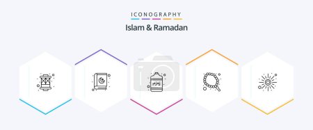 Téléchargez les illustrations : Pack d'icônes Islam et Ramadan 25 Line incluant la météo. Debout. conteneur. tasbeeh. musulman - en licence libre de droit