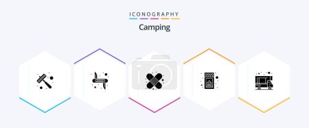 Téléchargez les illustrations : Camping 25 Glyph icon pack including caravan. stick. safety. match. box - en licence libre de droit