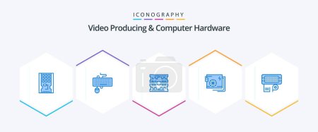 Illustration for Video Producing And Computer Hardware 25 Blue icon pack including power. computer. mouse. ac. computer - Royalty Free Image