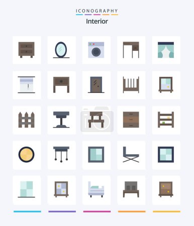 Téléchargez les illustrations : Creative Interior 25 Pack d'icônes plates telles que la scène. rideau. intérieur. bureau. meubles - en licence libre de droit