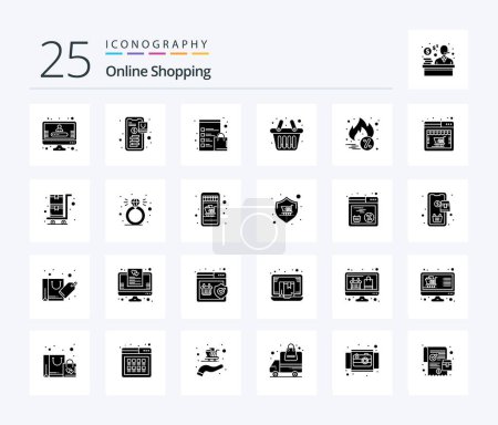 Téléchargez les illustrations : Online Shopping 25 Solid Glyph icon pack including . cyber monday. clipboard. hot sale. cart - en licence libre de droit