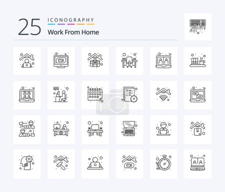 Téléchargez les illustrations : Work From Home 25 Line icon pack including workstation. monitor. web. chair. work home - en licence libre de droit