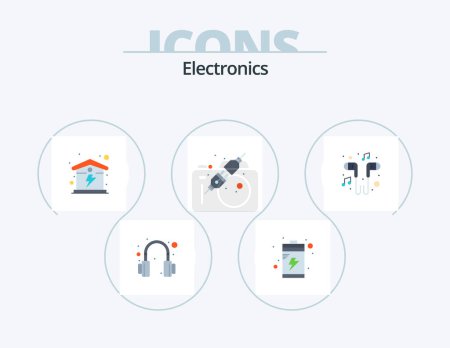 Téléchargez les illustrations : Electronique Flat Icon Pack 5 Icône Design. chanson. la musique. La maison. casque. prise - en licence libre de droit